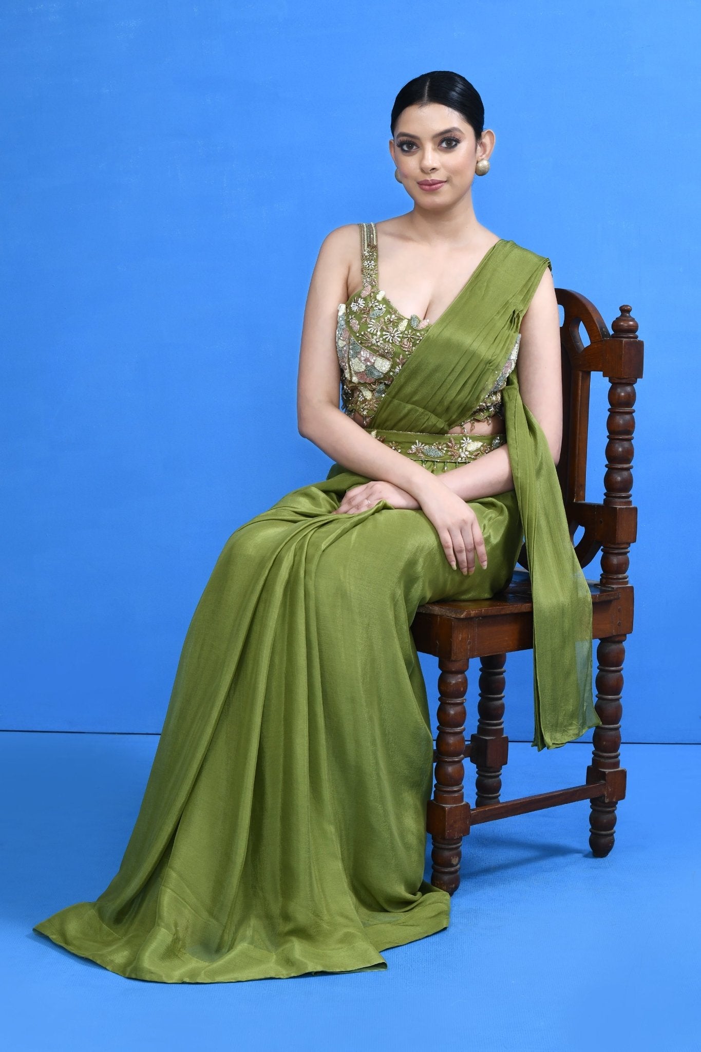 Designer Wear Green Chinon Chiffon Drape Saree - Simaaya