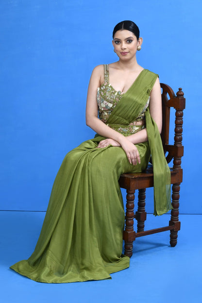 Designer Wear Green Chinon Chiffon Drape Saree - Simaaya