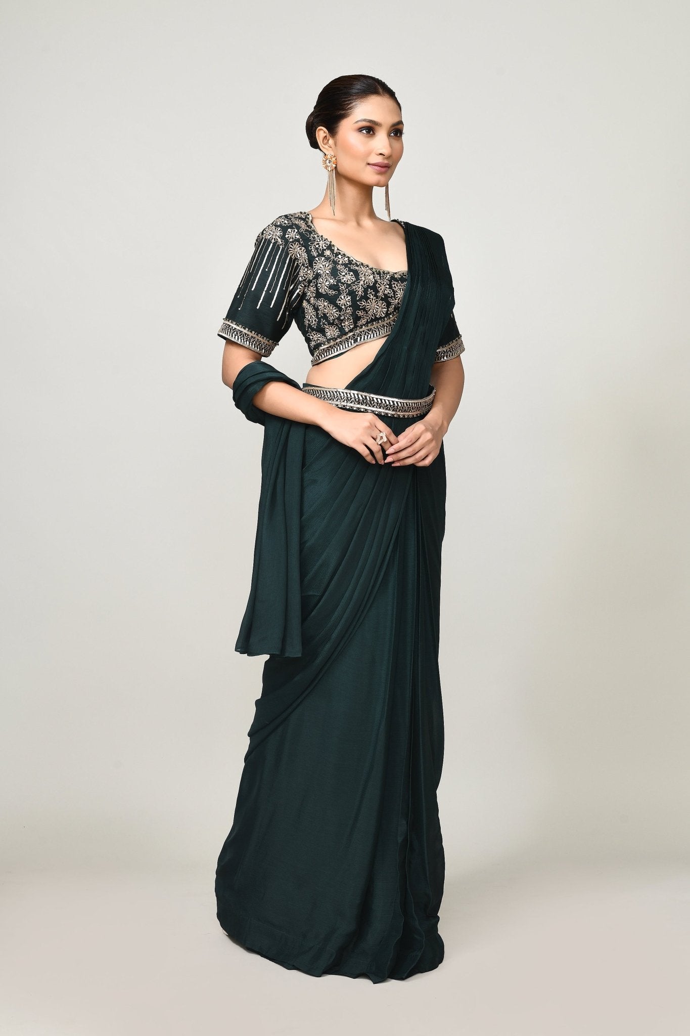 Designer Wear Green Chinon Chiffon Drape Saree - Simaaya