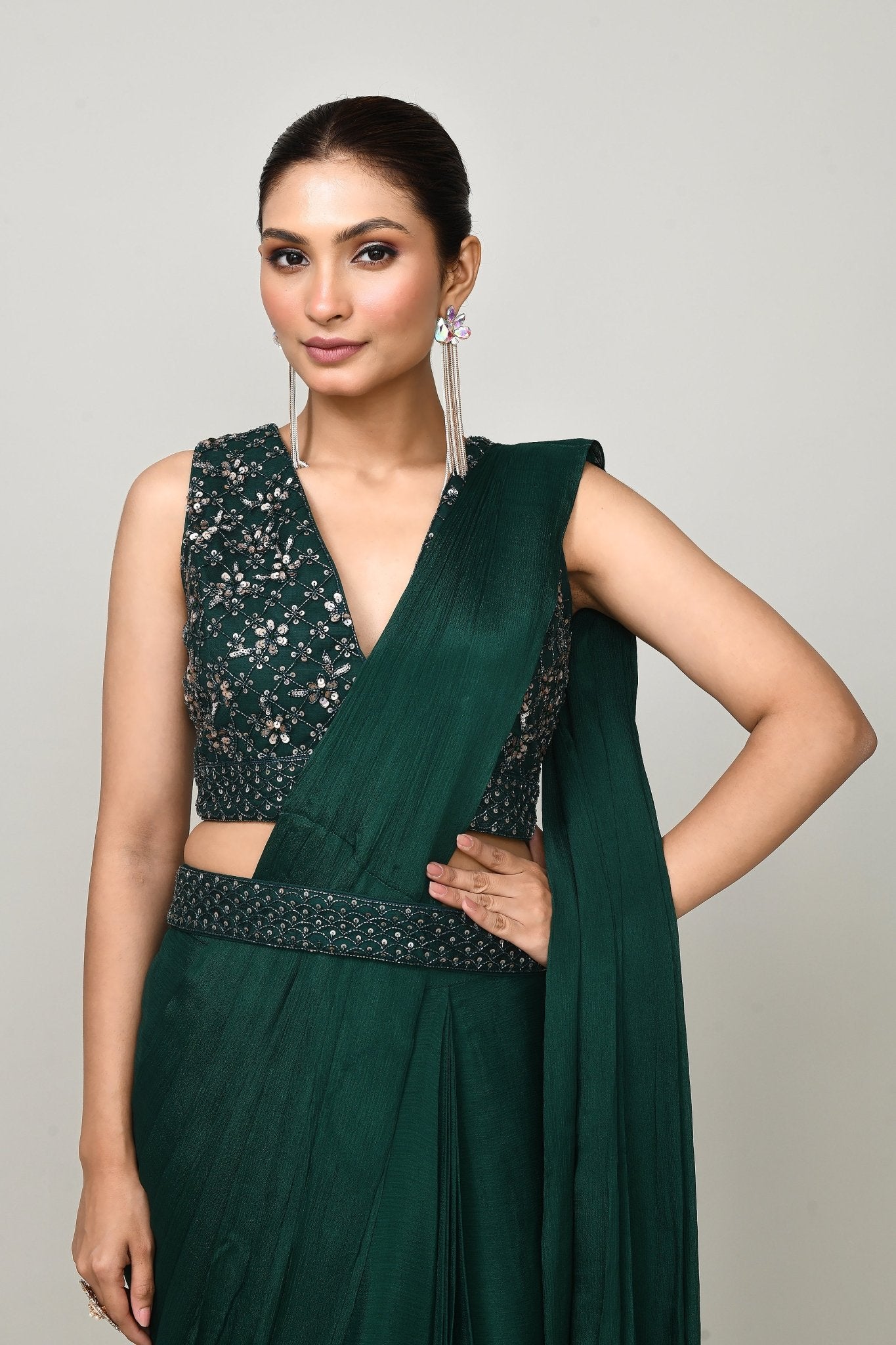 Designer Wear Green Chinon Chiffon Drape Saree - Simaaya