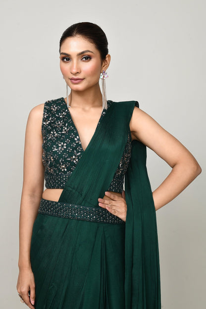 Designer Wear Green Chinon Chiffon Drape Saree - Simaaya