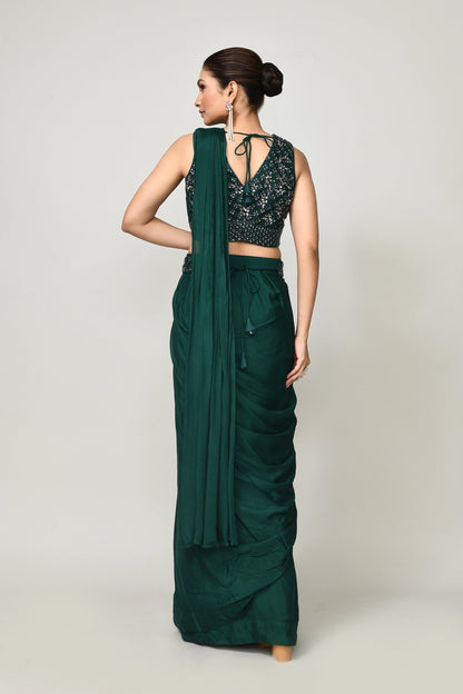 Designer Wear Green Chinon Chiffon Drape Saree - Simaaya