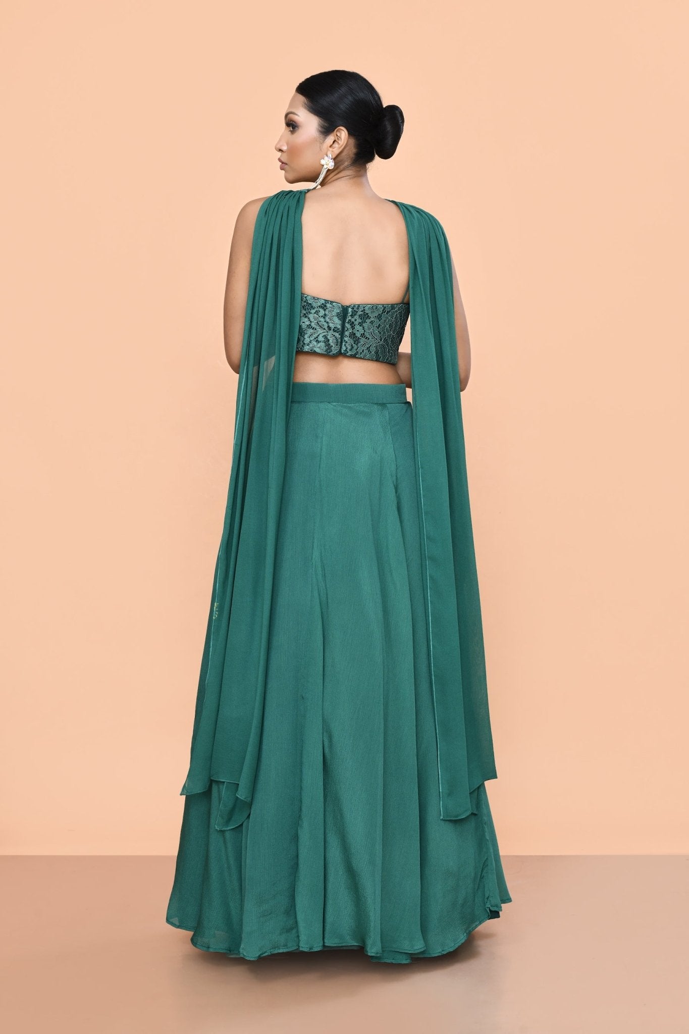 Designer Wear Green Chinon Chiffon Lehenga Set - Simaaya