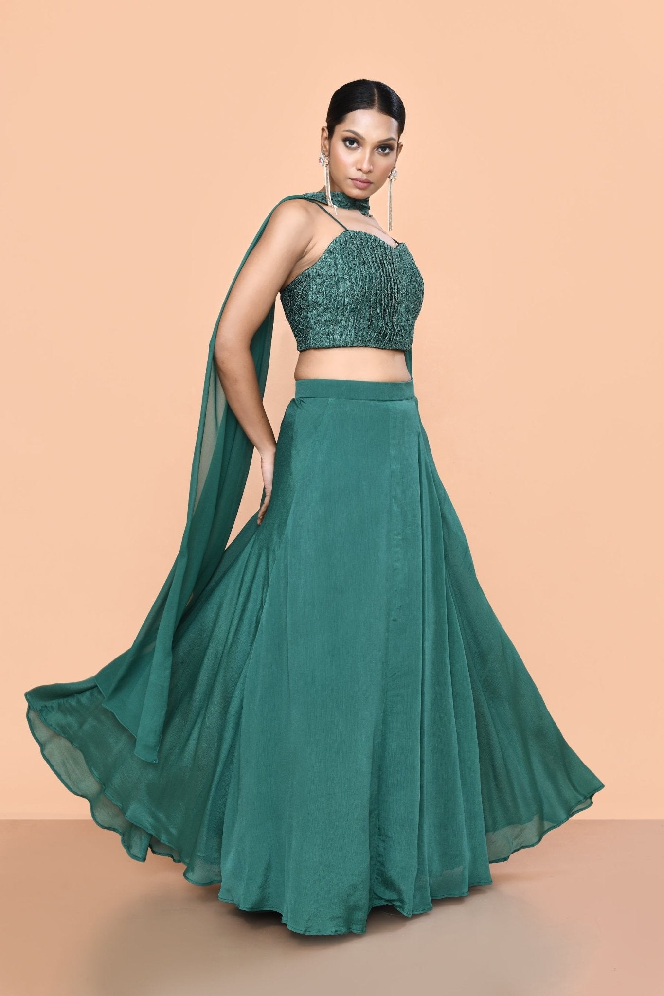 Designer Wear Green Chinon Chiffon Lehenga Set - Simaaya