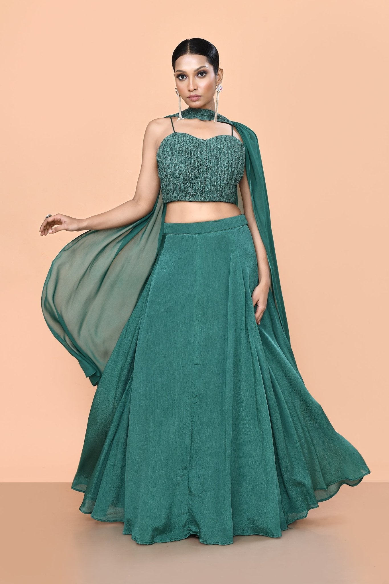 Designer Wear Green Chinon Chiffon Lehenga Set - Simaaya