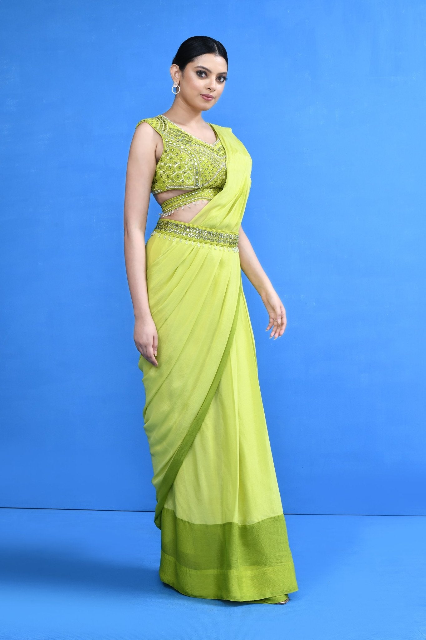 Designer Wear Green Drape Saree - Simaaya