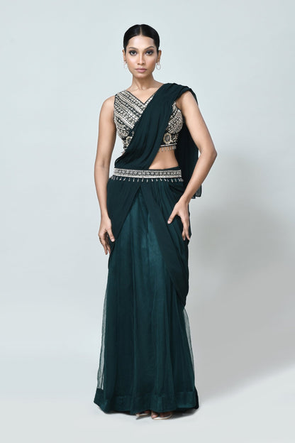 Designer Wear Green Georgette Net Drape Saree - Simaaya