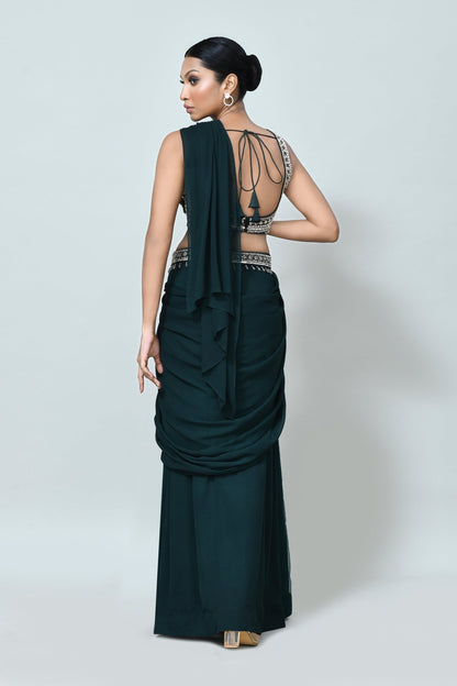 Designer Wear Green Georgette Net Drape Saree - Simaaya