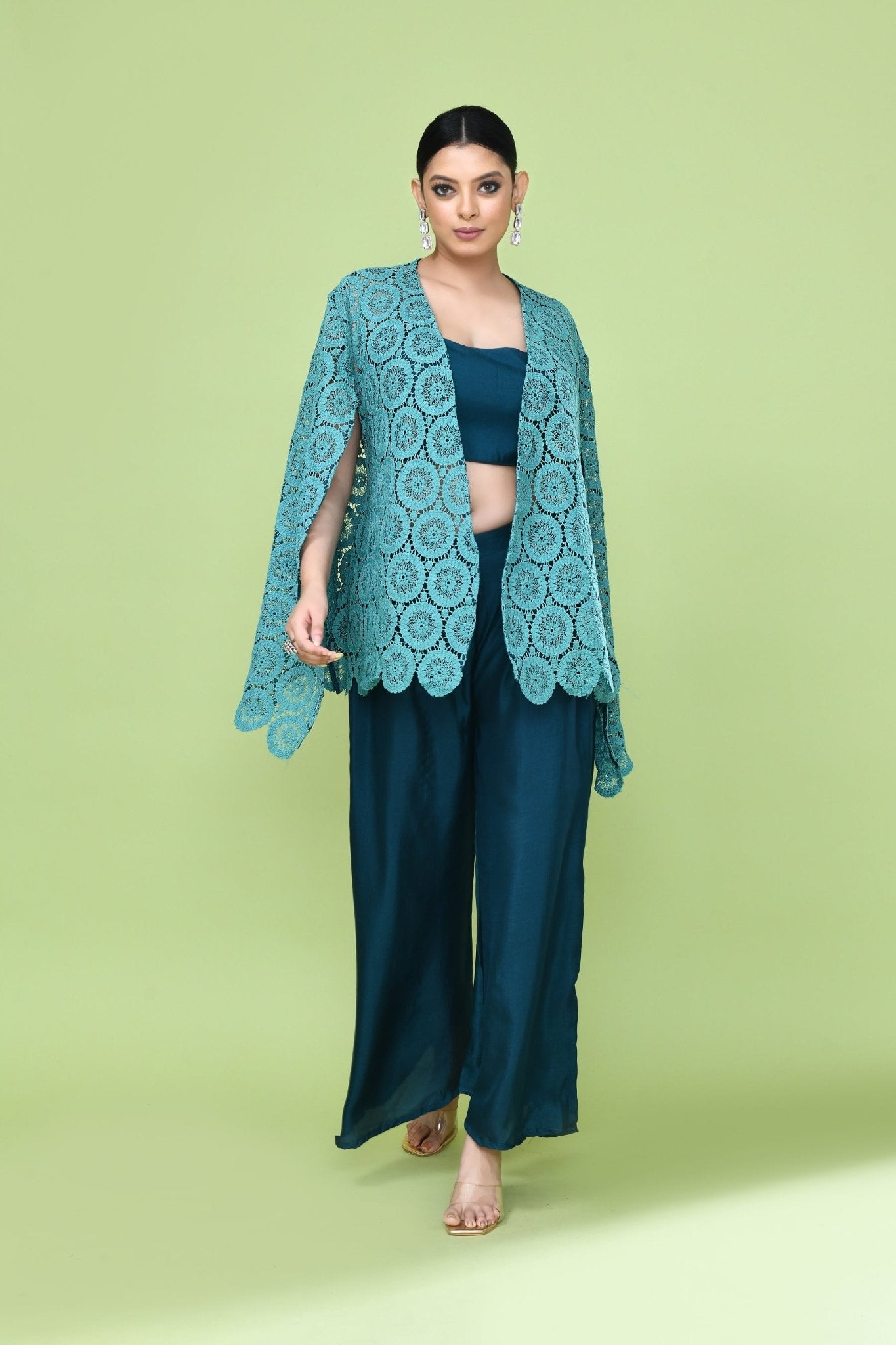 Designer Wear Green Palazzo Set with an Embellished Jacket - Simaaya