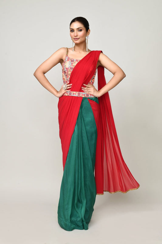 Designer Wear Green & Red Chinon Chiffon & Glass Organza Drape Saree - Simaaya