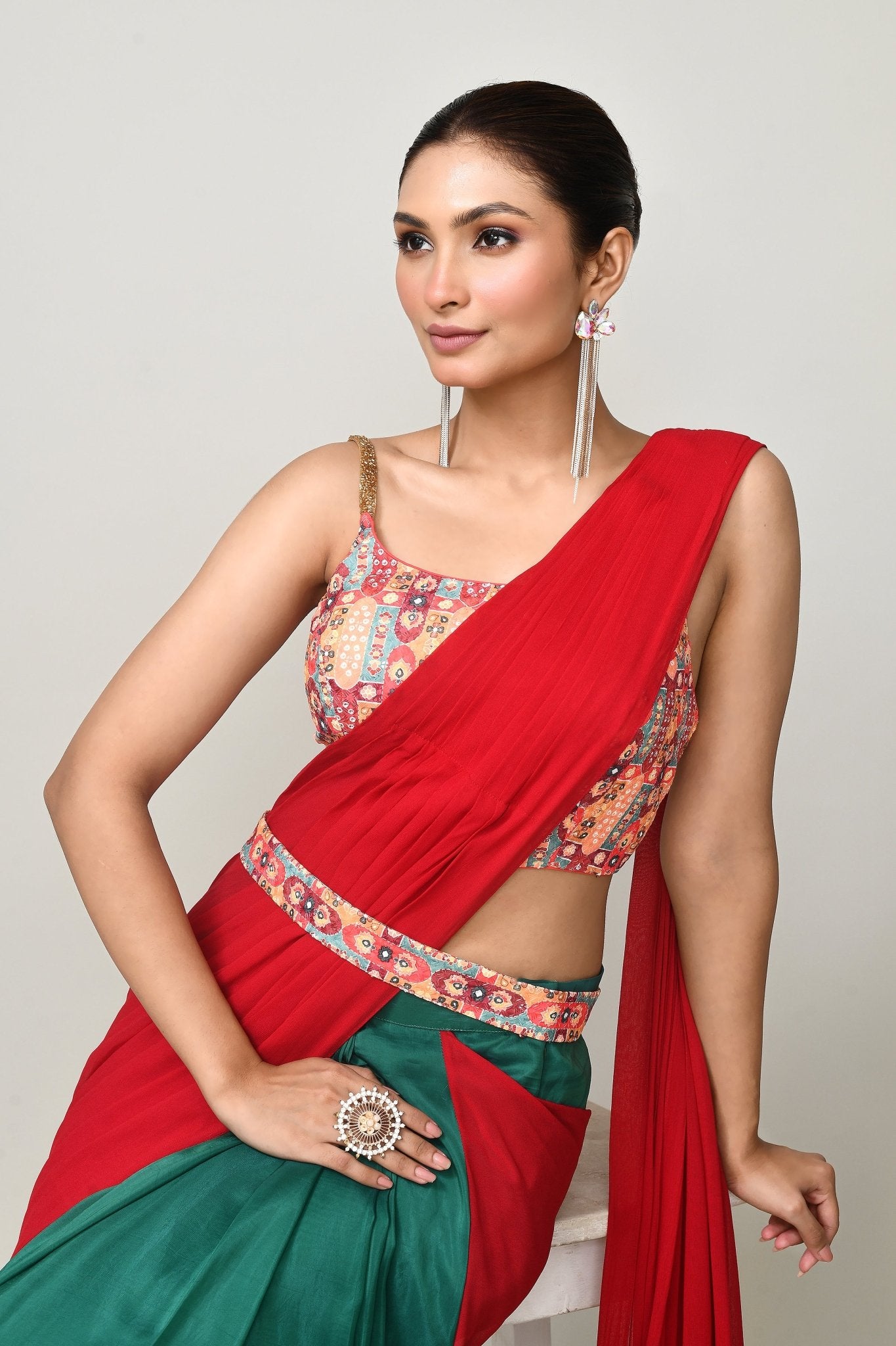 Designer Wear Green & Red Chinon Chiffon & Glass Organza Drape Saree - Simaaya