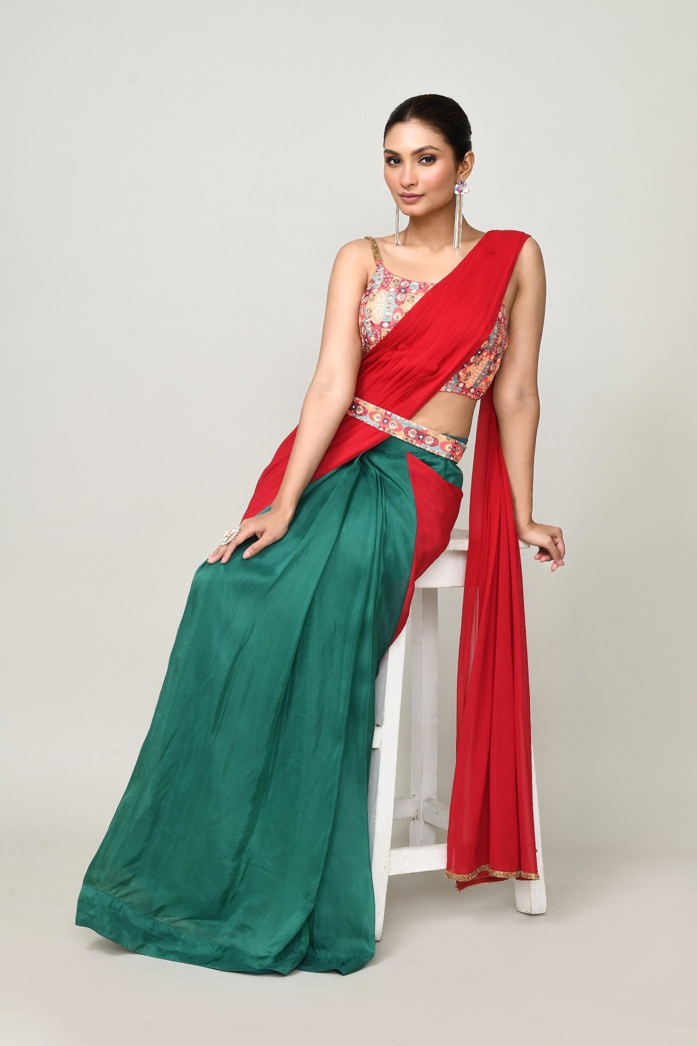 Designer Wear Green & Red Chinon Chiffon & Glass Organza Drape Saree - Simaaya