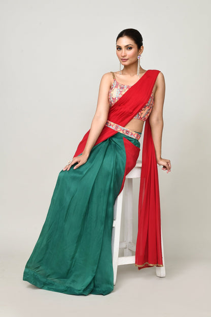 Designer Wear Green & Red Chinon Chiffon & Glass Organza Drape Saree - Simaaya