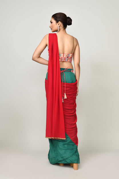Designer Wear Green & Red Chinon Chiffon & Glass Organza Drape Saree - Simaaya