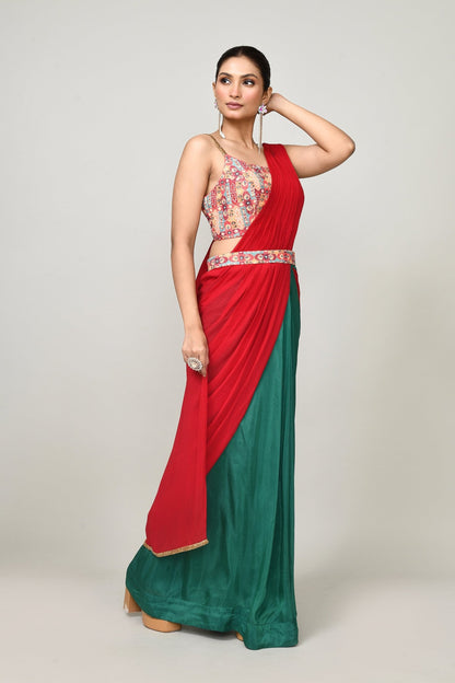 Designer Wear Green & Red Chinon Chiffon & Glass Organza Drape Saree - Simaaya