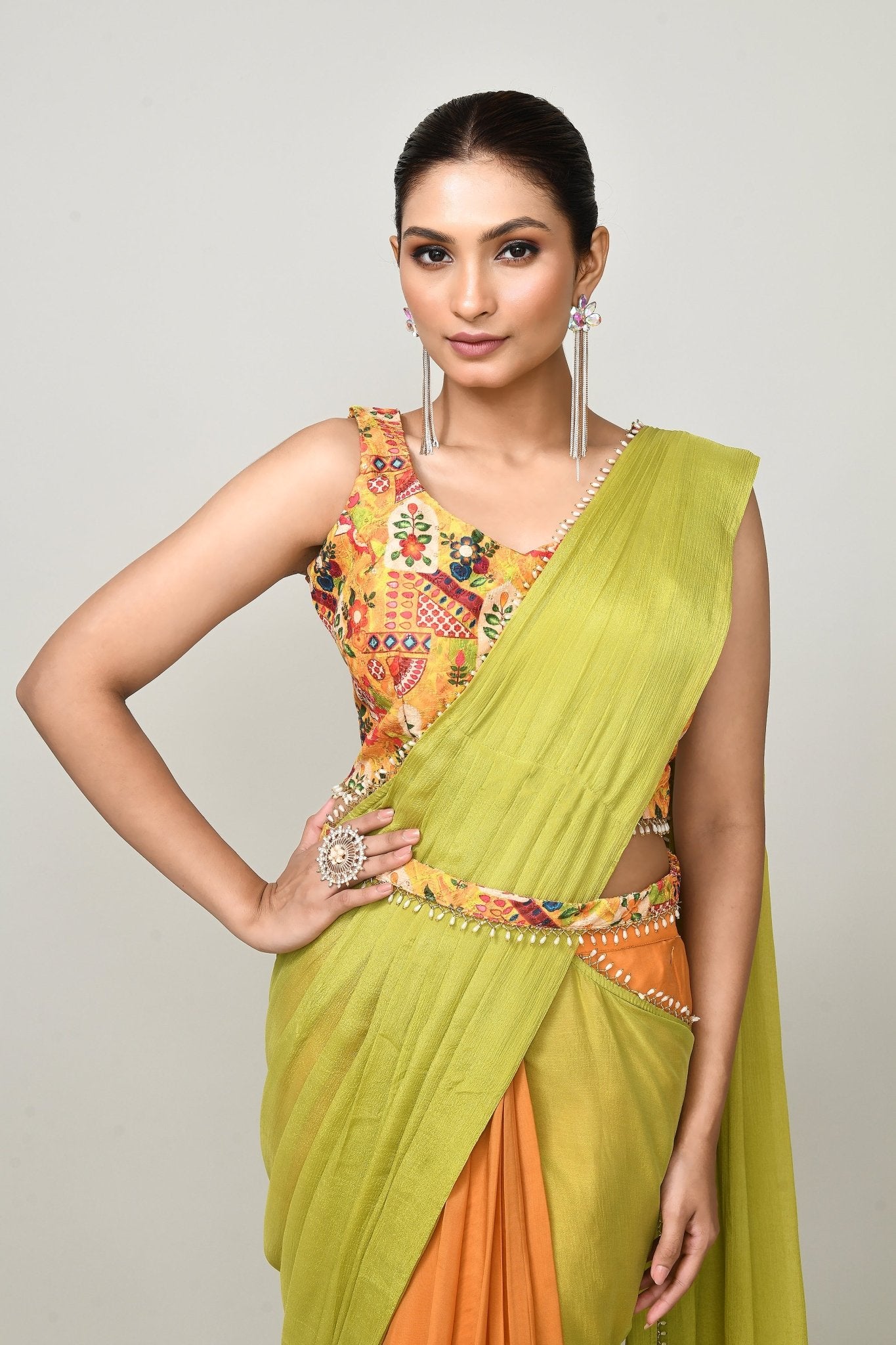 Designer Wear Green & Yellow Chinon Chiffon Drape Saree - Simaaya