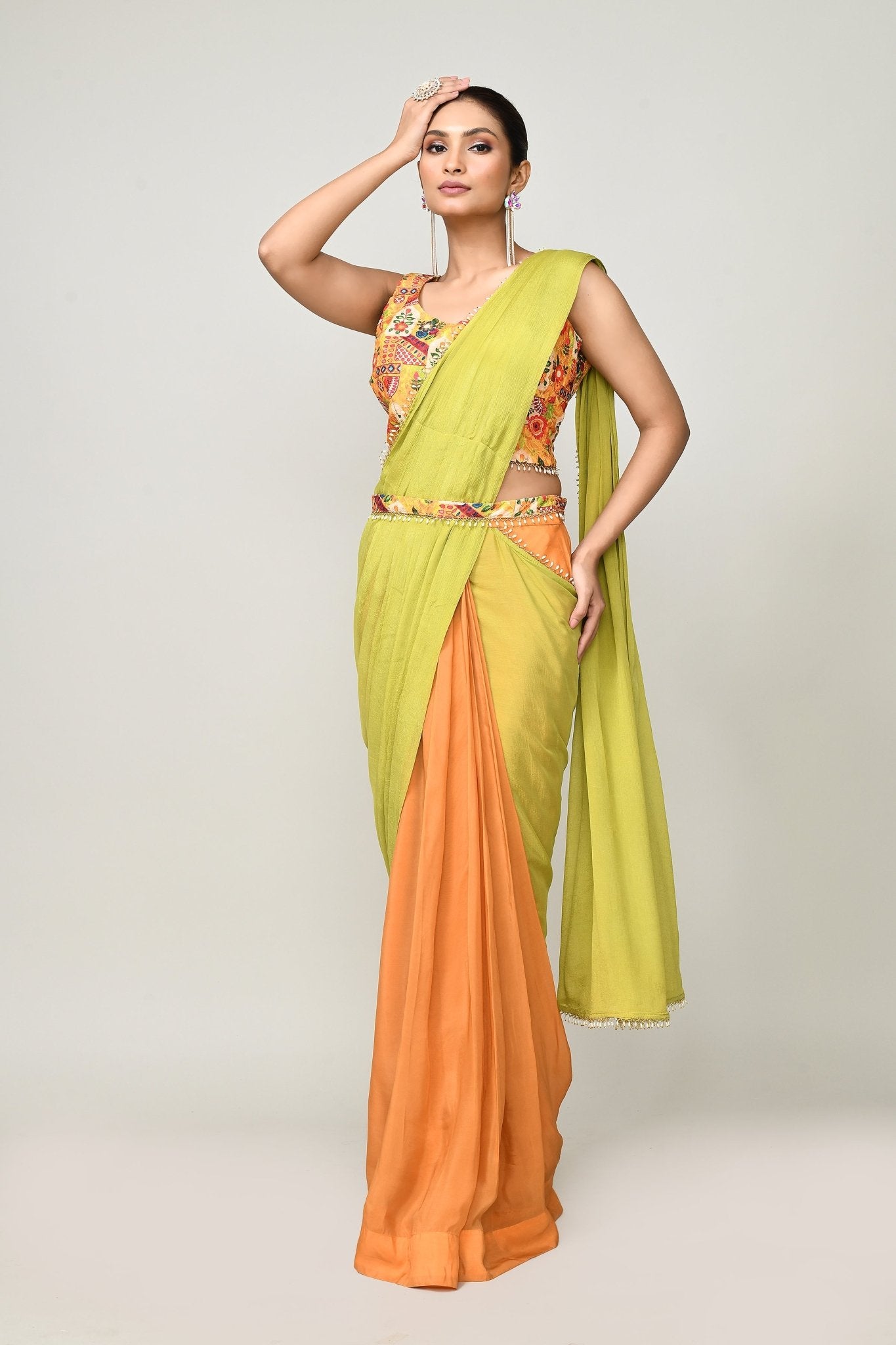 Designer Wear Green & Yellow Chinon Chiffon Drape Saree - Simaaya