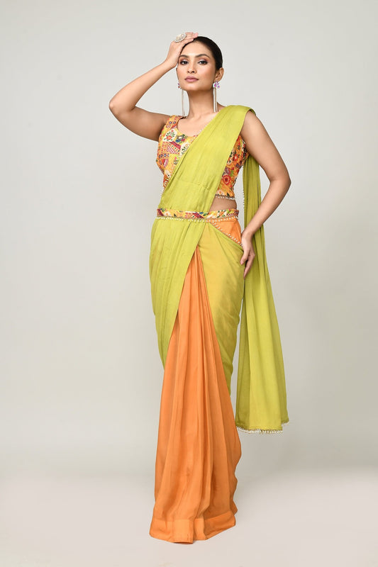 Designer Wear Green & Yellow Chinon Chiffon Drape Saree - Simaaya