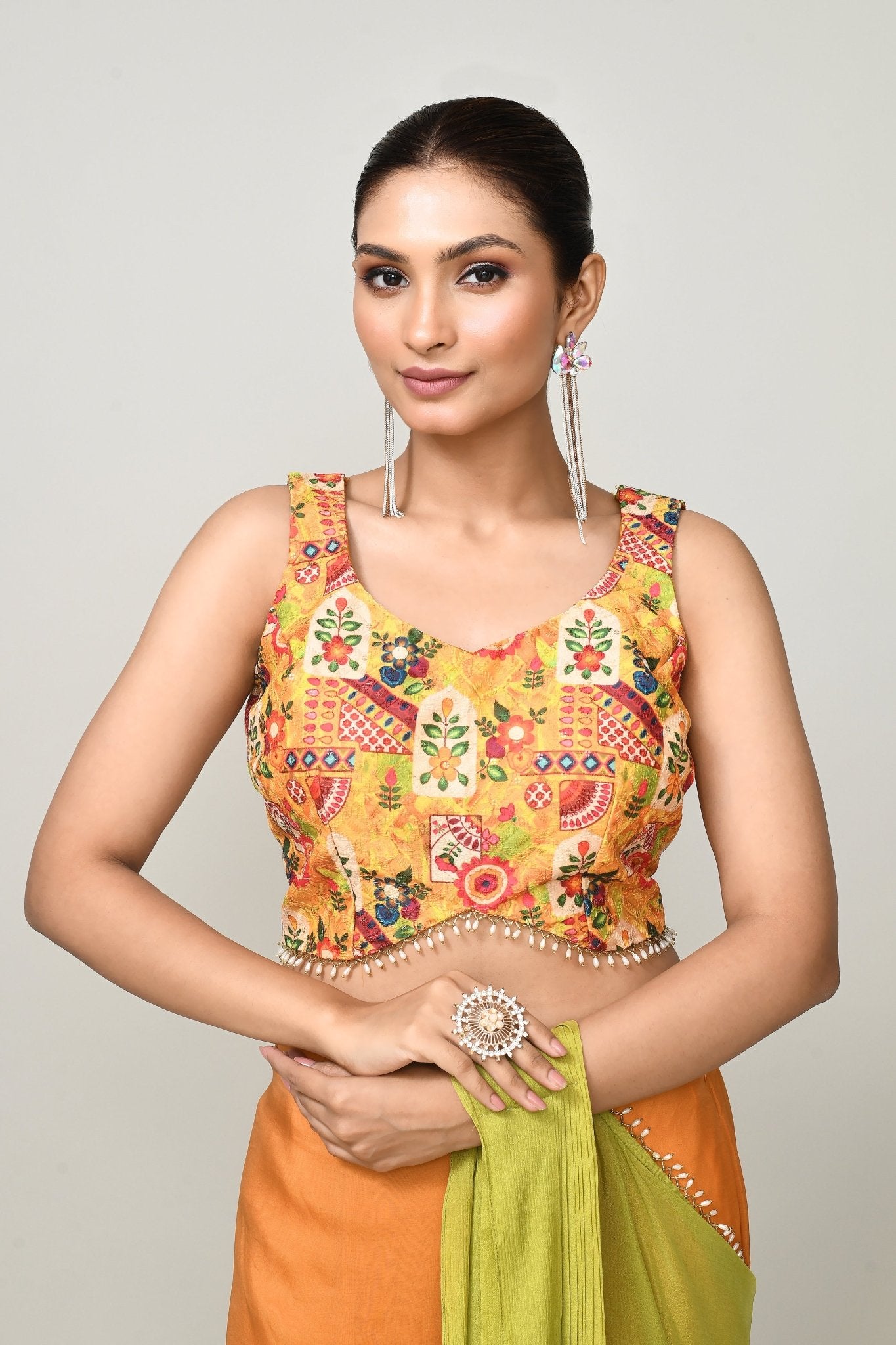 Designer Wear Green & Yellow Chinon Chiffon Drape Saree - Simaaya