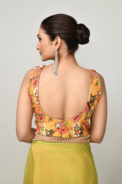 Designer Wear Green & Yellow Chinon Chiffon Drape Saree - Simaaya