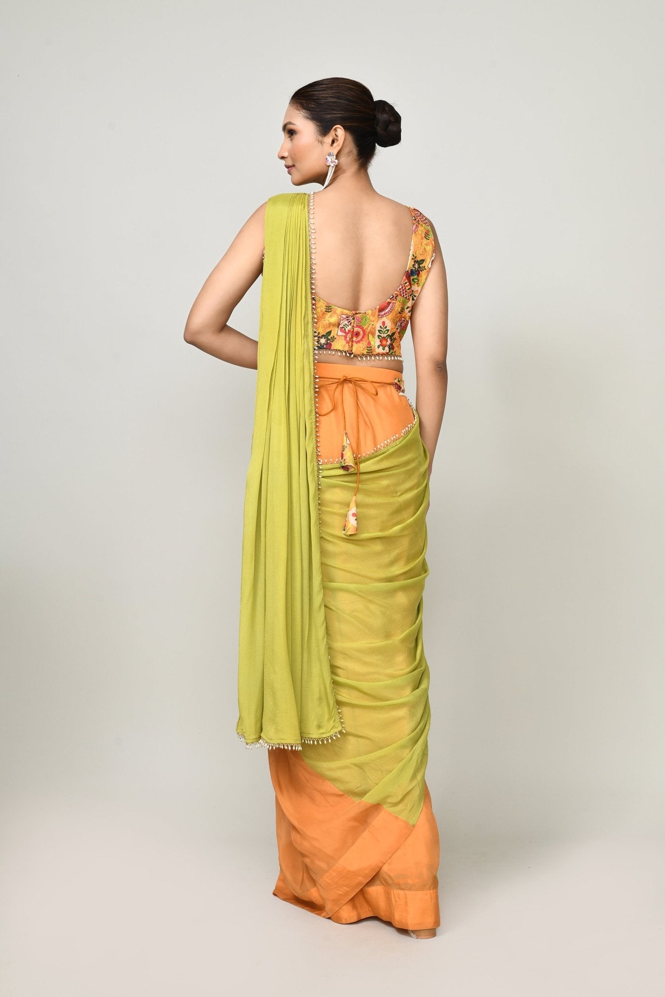 Designer Wear Green & Yellow Chinon Chiffon Drape Saree - Simaaya
