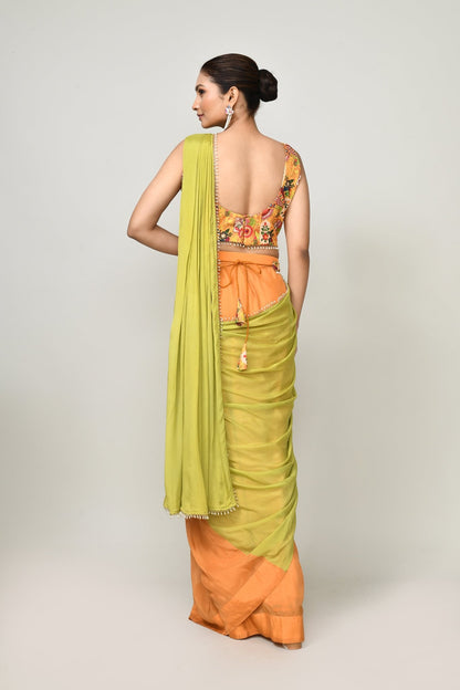 Designer Wear Green & Yellow Chinon Chiffon Drape Saree - Simaaya