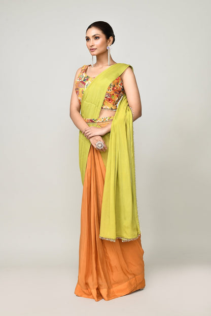 Designer Wear Green & Yellow Chinon Chiffon Drape Saree - Simaaya