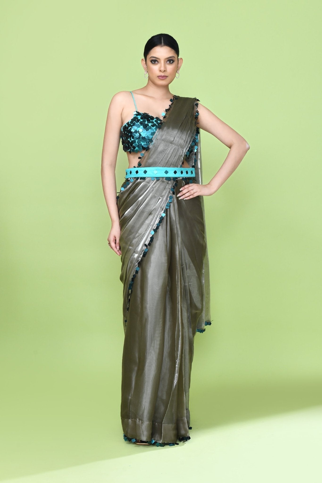 Designer Wear Grey Glass Organza Drape Saree - Simaaya