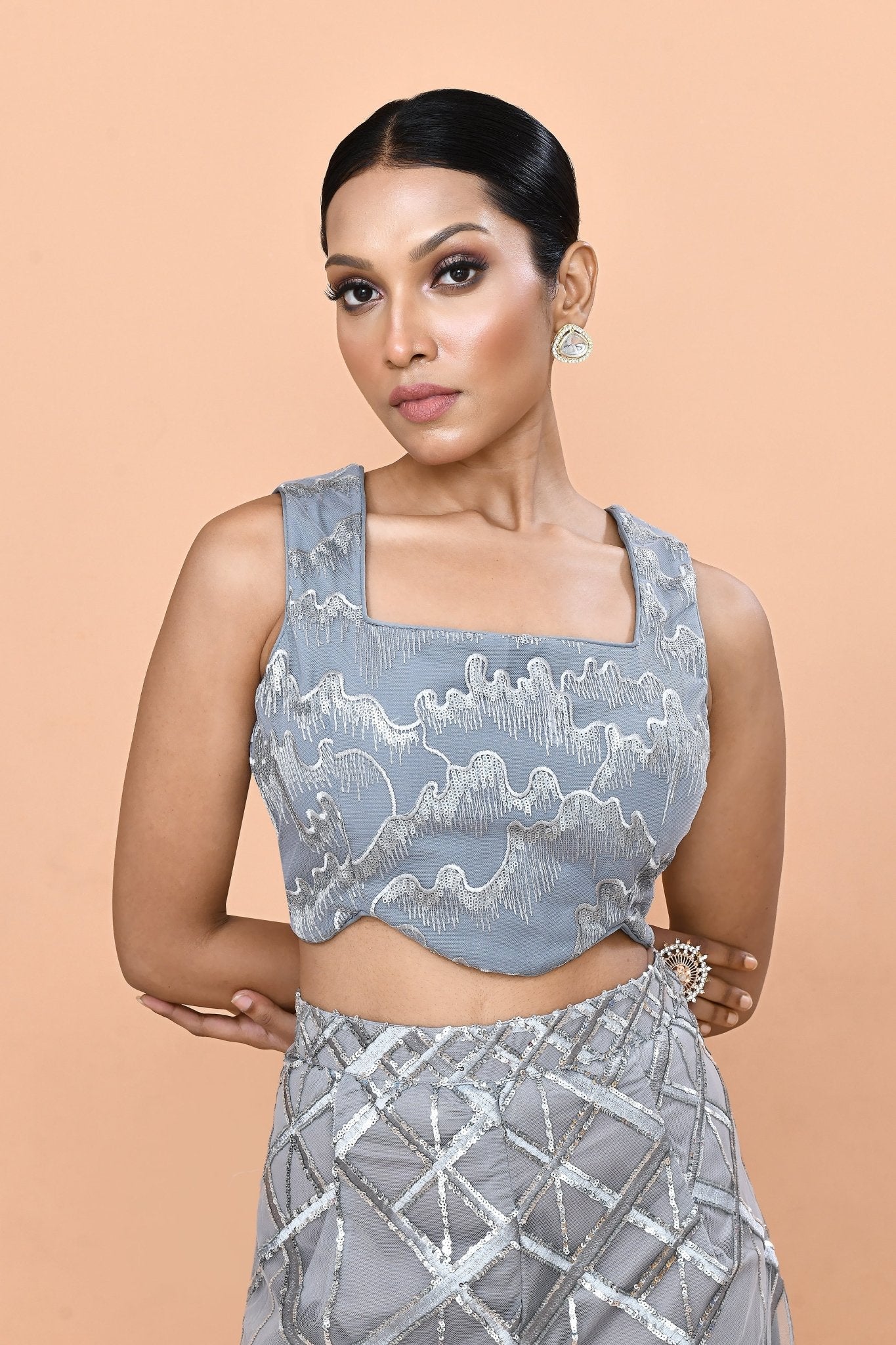 Designer Wear Grey Net Embroidered Palazzo and Square Neck Crop Top Set - Simaaya