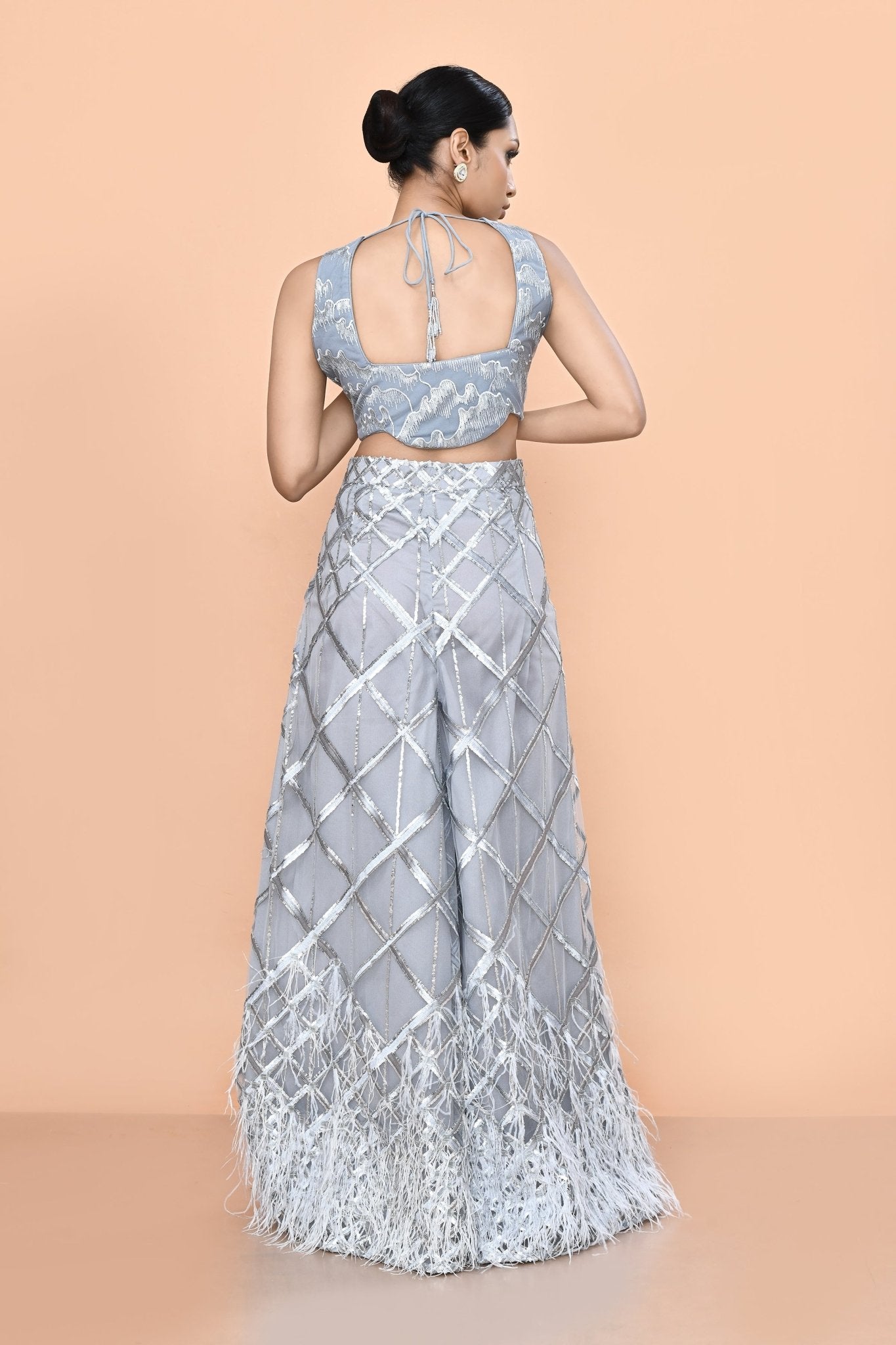 Designer Wear Grey Net Embroidered Palazzo and Square Neck Crop Top Set - Simaaya