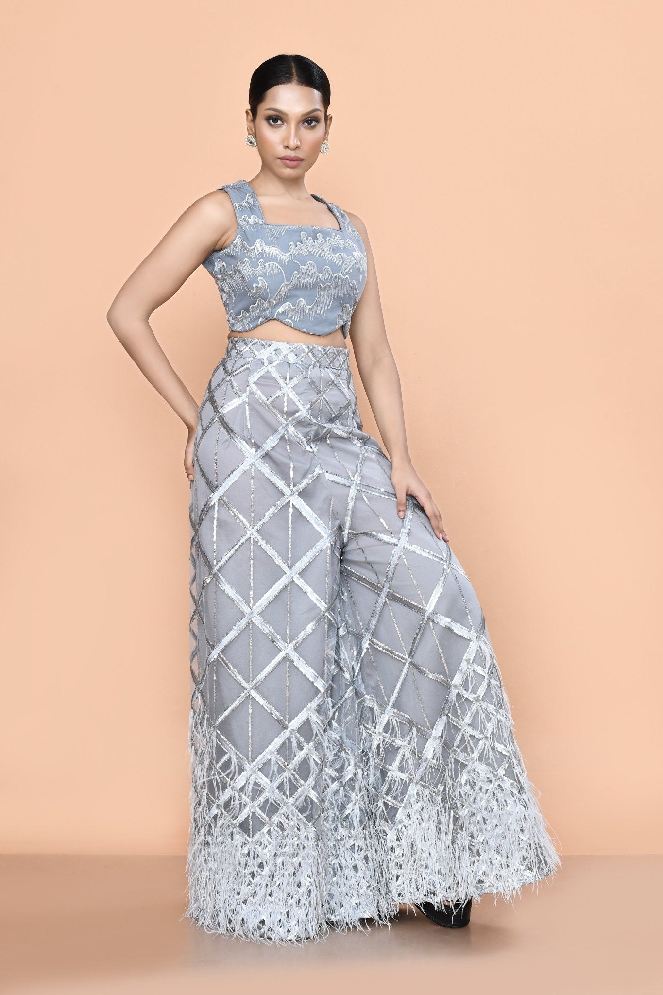 Designer Wear Grey Net Embroidered Palazzo and Square Neck Crop Top Set - Simaaya