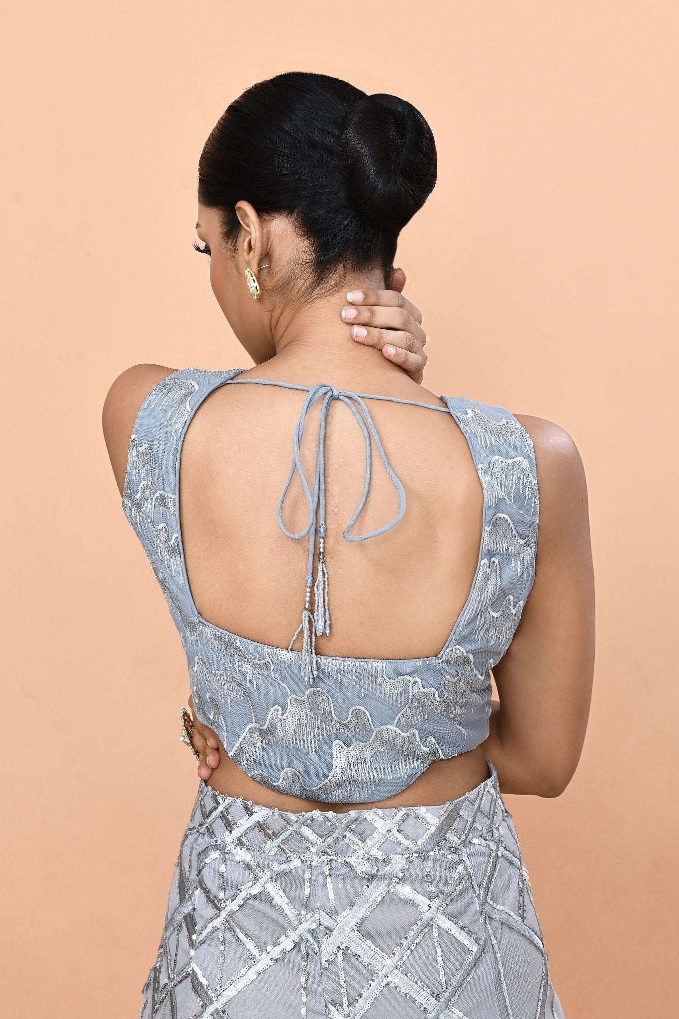 Designer Wear Grey Net Embroidered Palazzo and Square Neck Crop Top Set - Simaaya