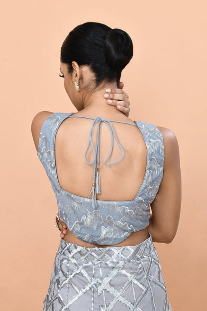 Designer Wear Grey Net Embroidered Palazzo and Square Neck Crop Top Set - Simaaya