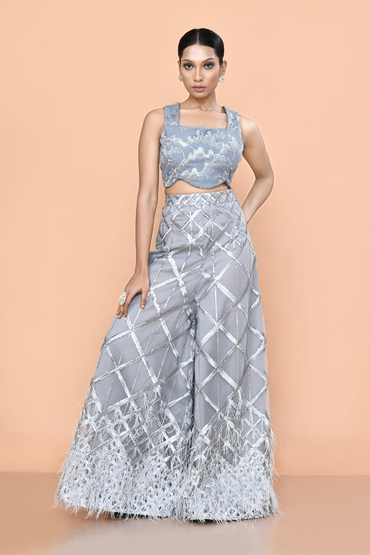 Designer Wear Grey Net Embroidered Palazzo and Square Neck Crop Top Set - Simaaya