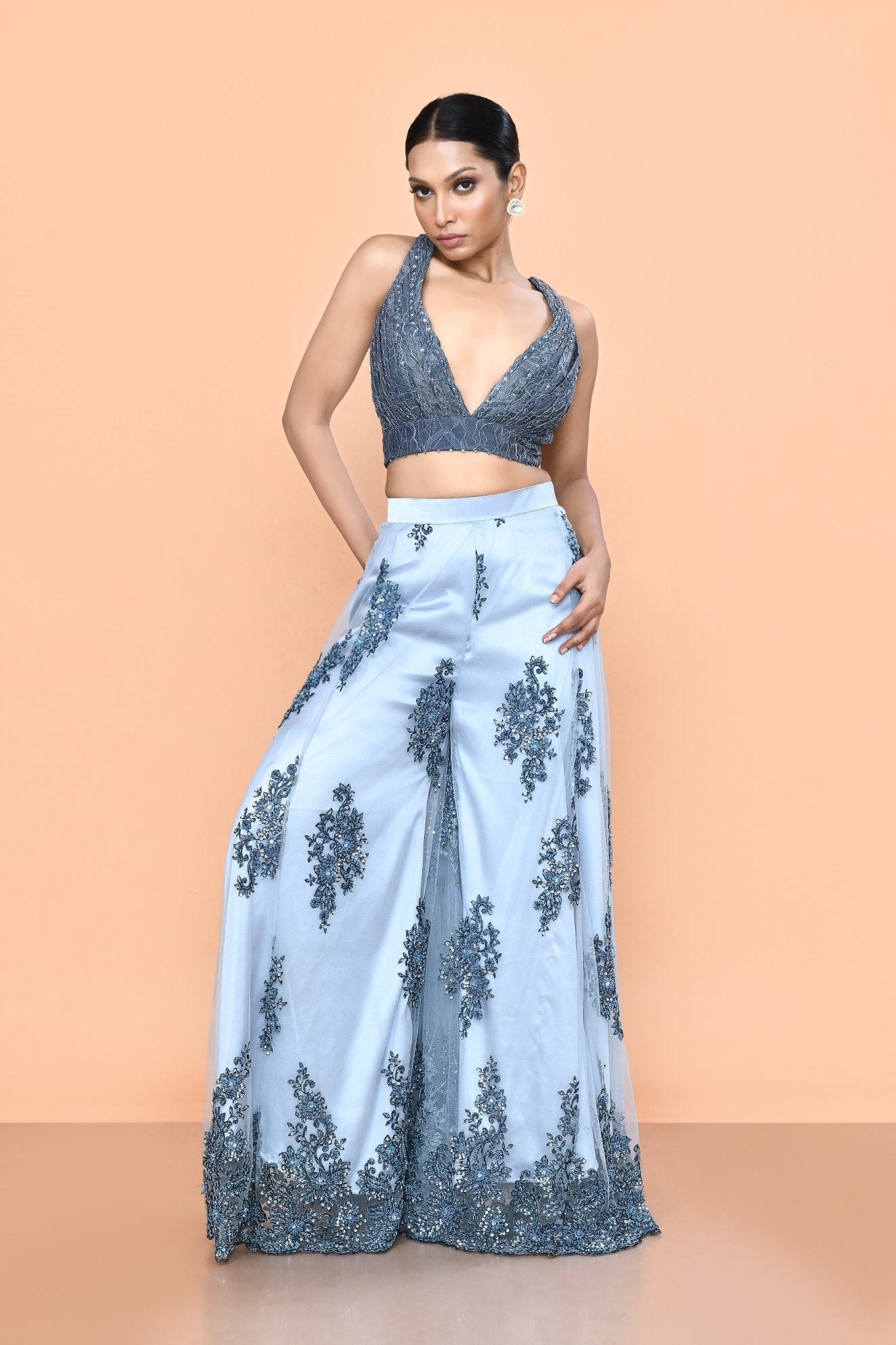 Designer Wear Grey Net Embroidered Palazzo Set - Simaaya