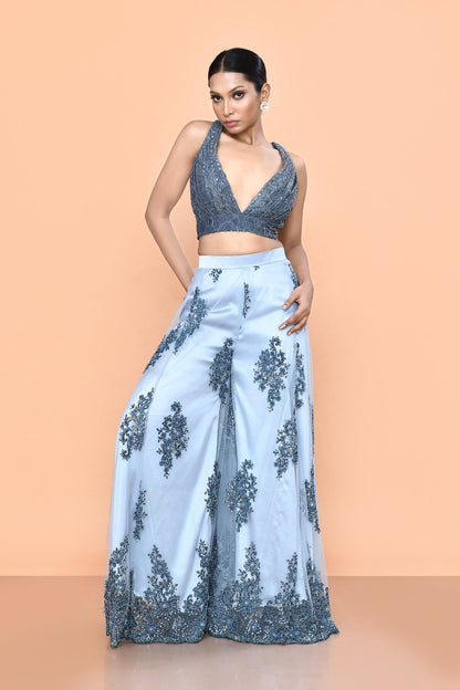 Designer Wear Grey Net Embroidered Palazzo Set - Simaaya