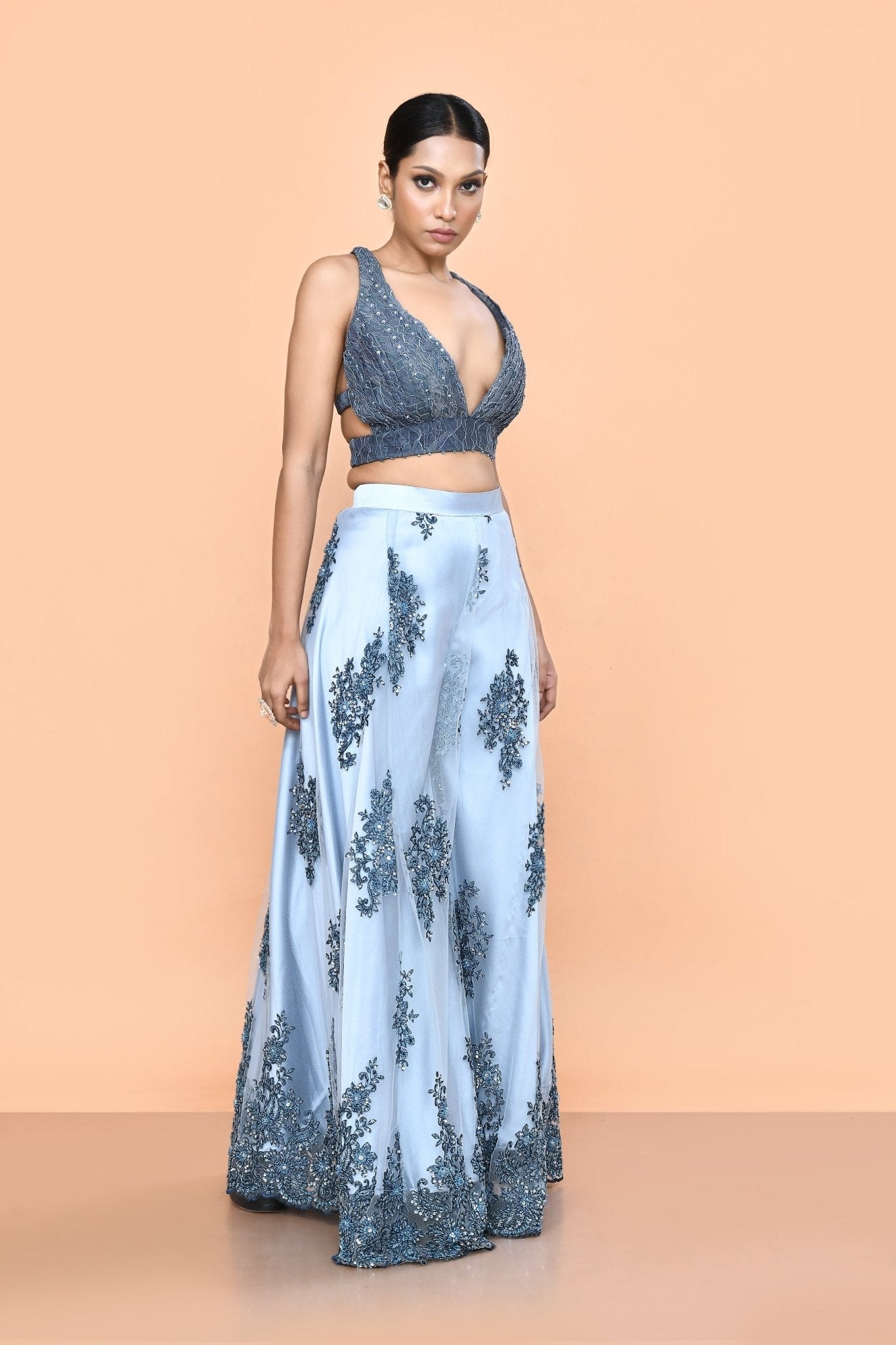 Designer Wear Grey Net Embroidered Palazzo Set - Simaaya