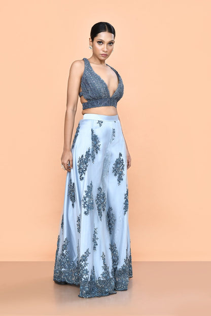 Designer Wear Grey Net Embroidered Palazzo Set - Simaaya