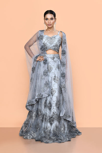 Designer Wear Grey Net Lehenga Set - Simaaya