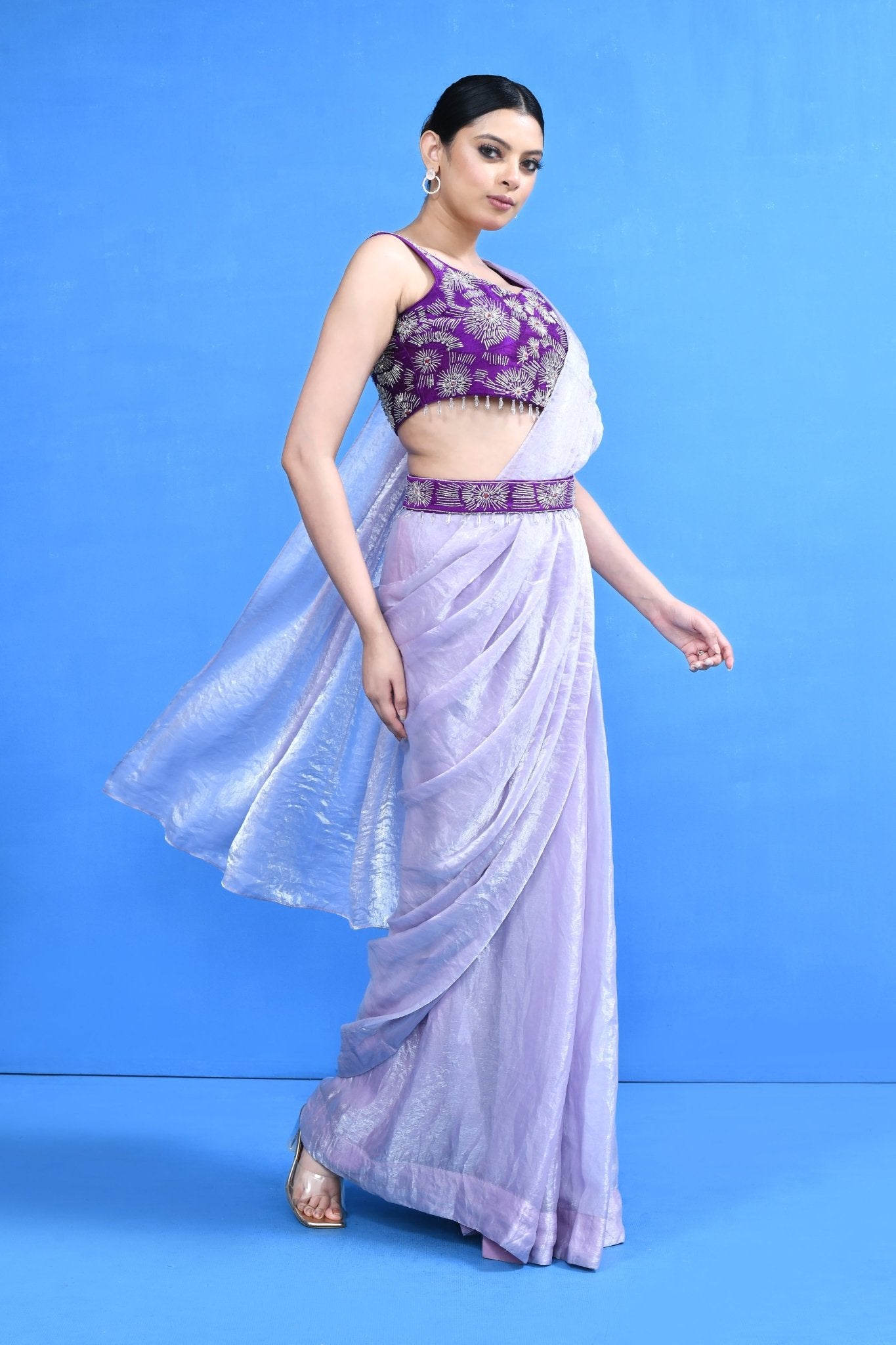 Designer Wear Lavender Drape Saree - Simaaya