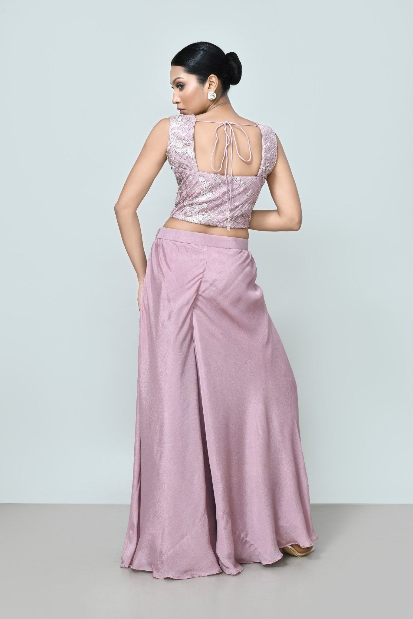 Designer Wear Lavender Pink Crop Top And Palazzo Set - Simaaya