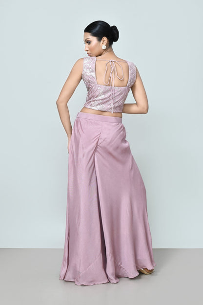 Designer Wear Lavender Pink Crop Top And Palazzo Set - Simaaya