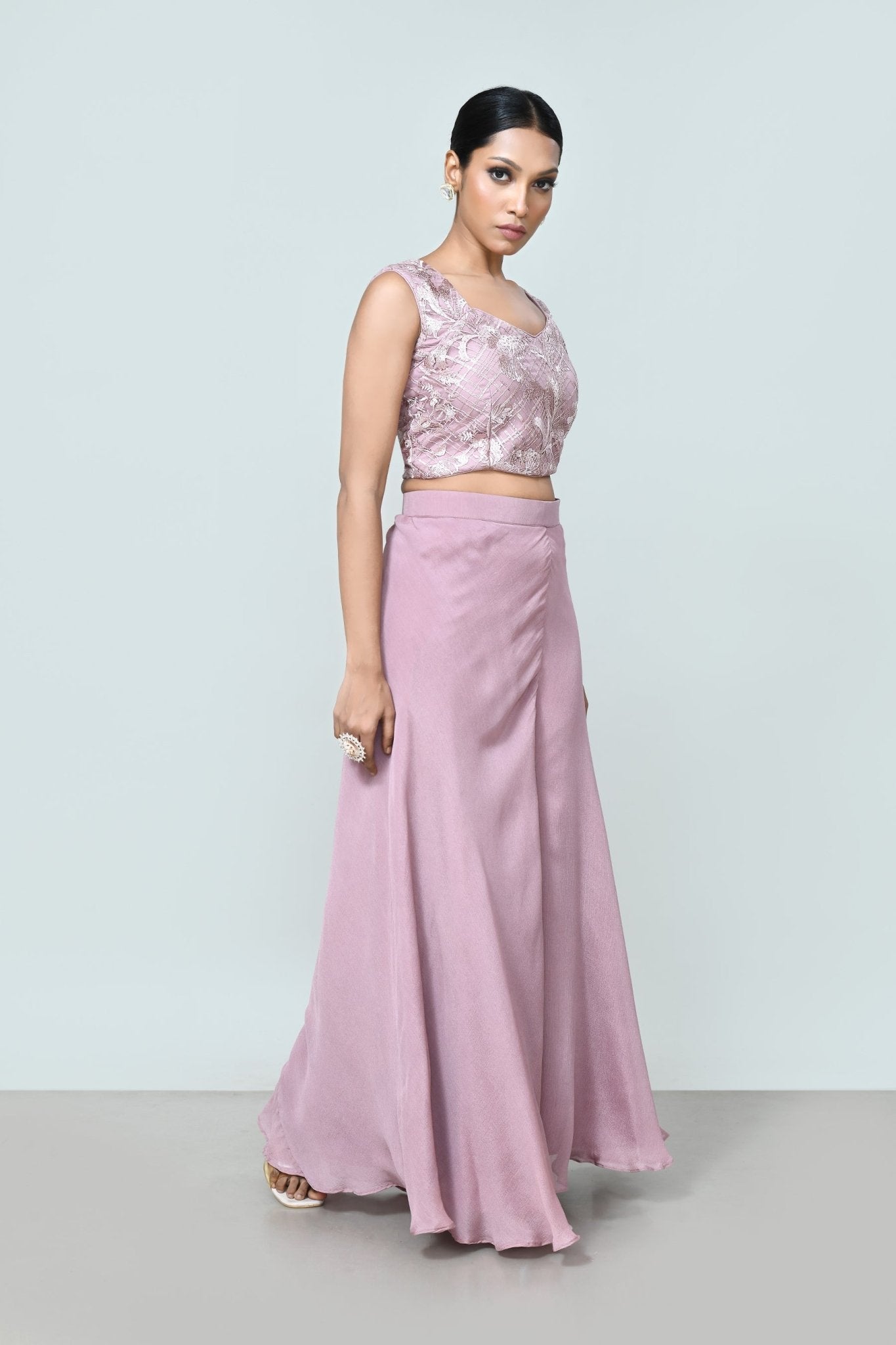 Designer Wear Lavender Pink Crop Top And Palazzo Set - Simaaya