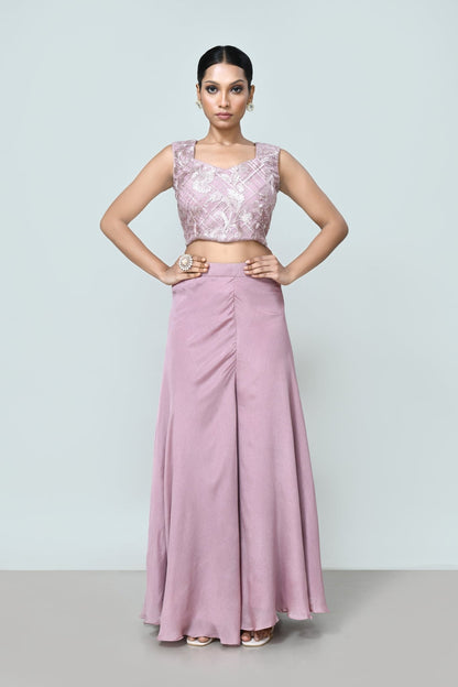 Designer Wear Lavender Pink Crop Top And Palazzo Set - Simaaya