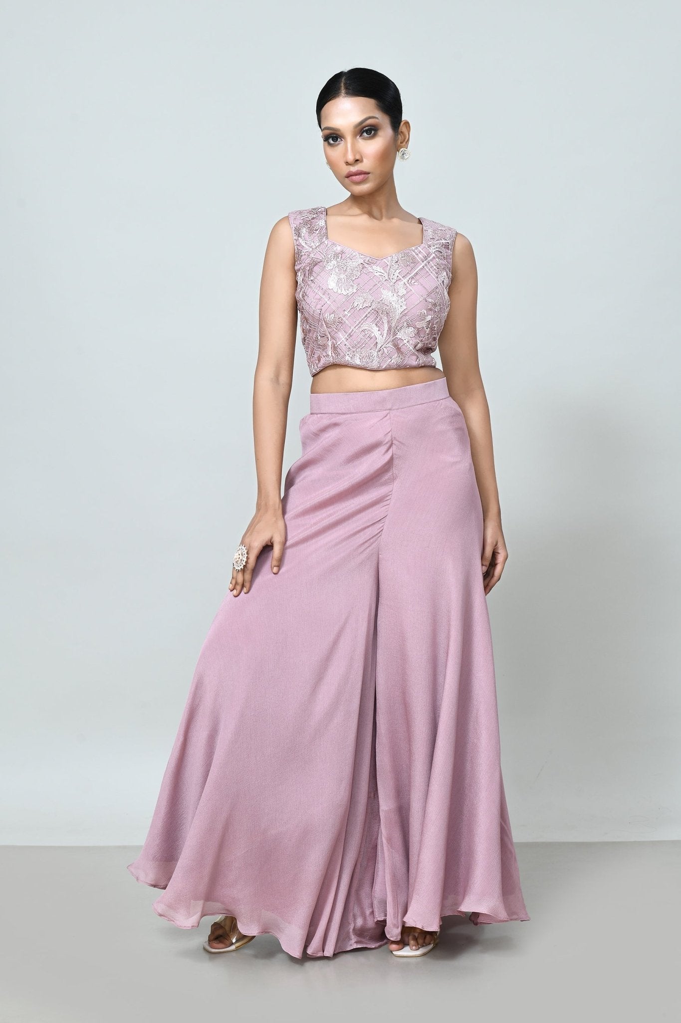 Designer Wear Lavender Pink Crop Top And Palazzo Set - Simaaya