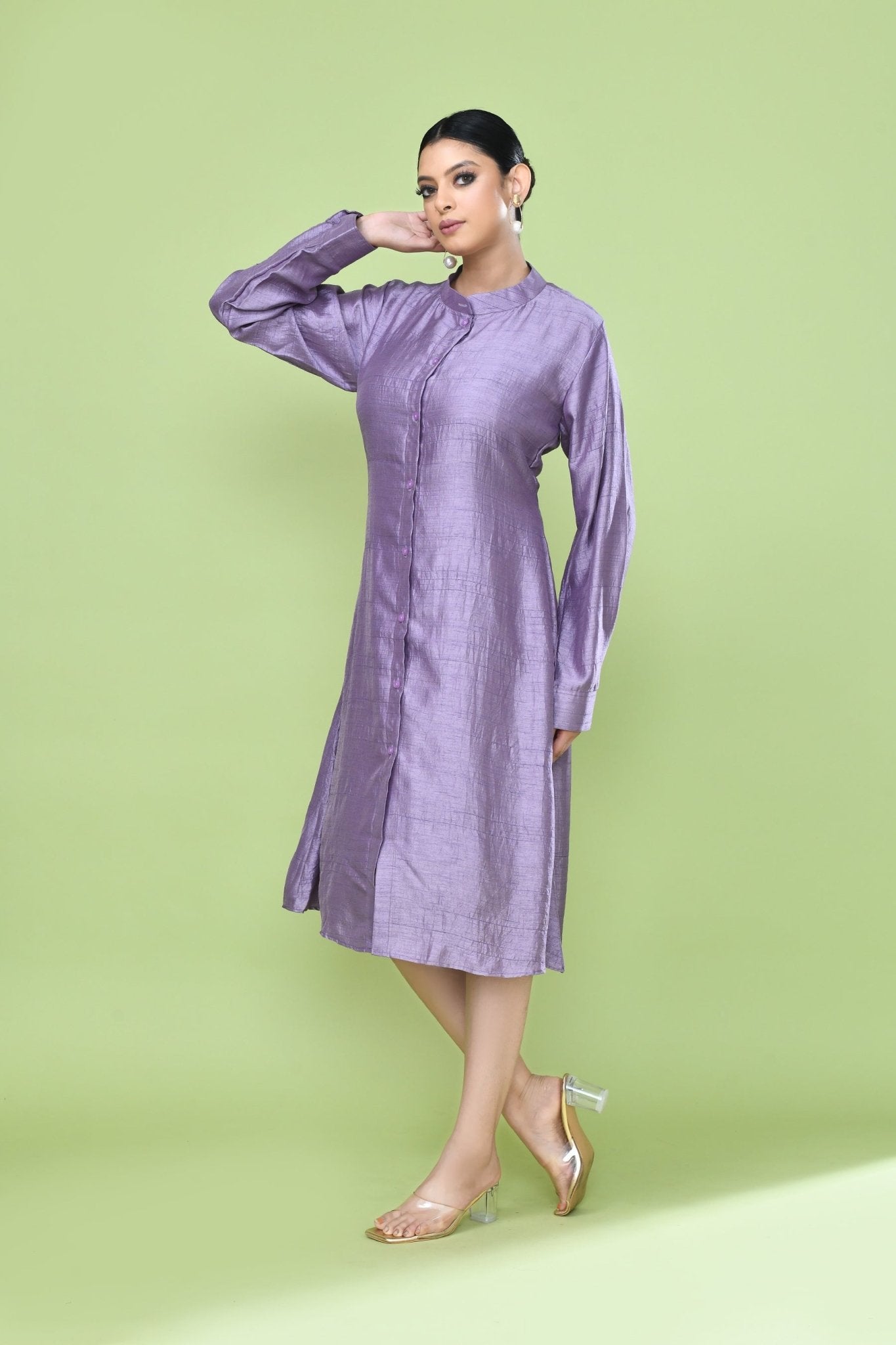 Designer Wear Lavender Silk Co-Ord Set Featuring Sleeveless Inner and Long Shirt Jacket - Simaaya