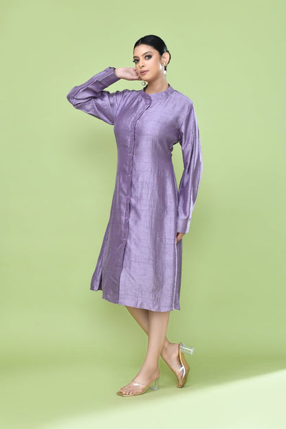 Designer Wear Lavender Silk Co-Ord Set Featuring Sleeveless Inner and Long Shirt Jacket - Simaaya