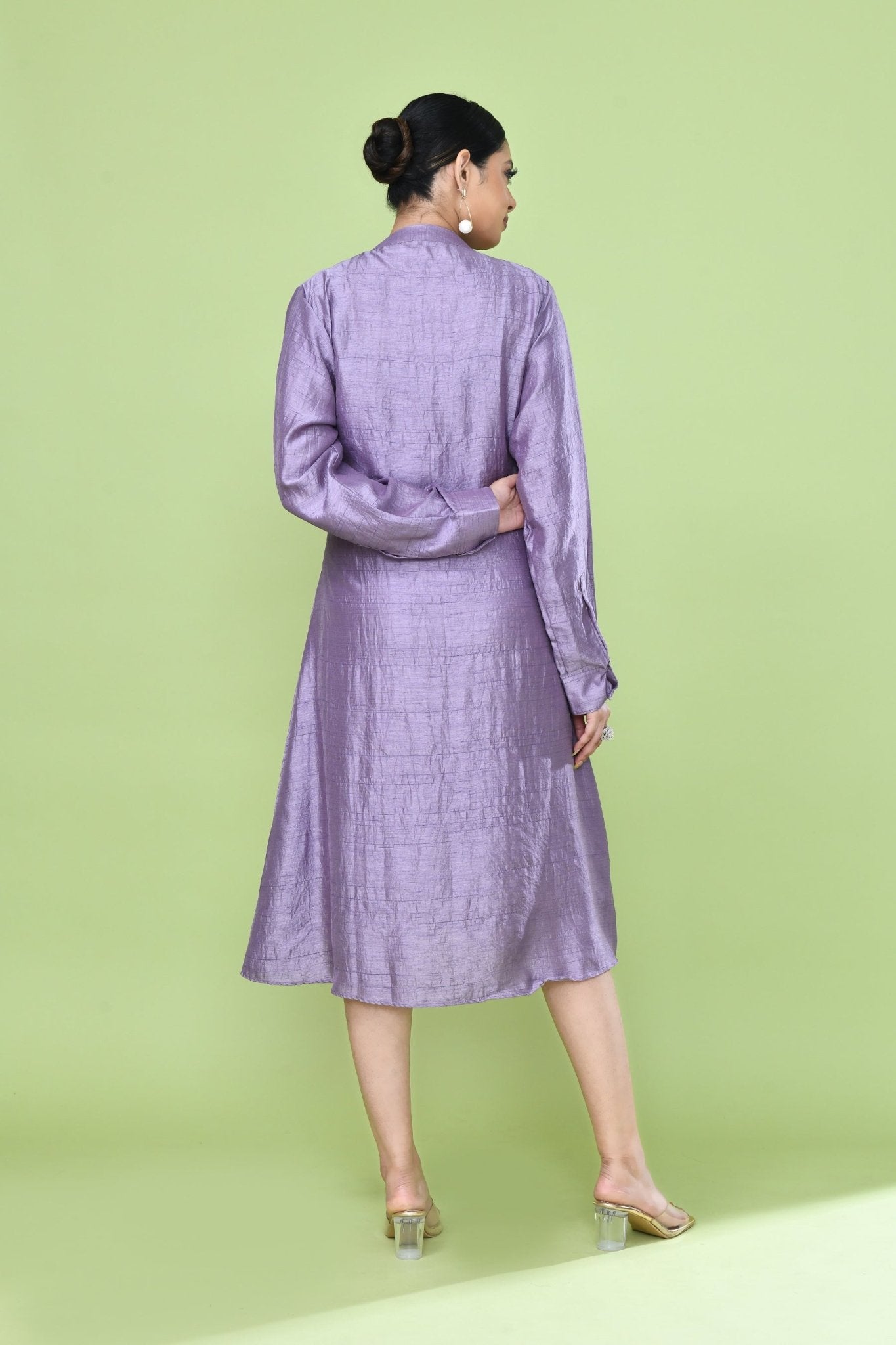 Designer Wear Lavender Silk Co-Ord Set Featuring Sleeveless Inner and Long Shirt Jacket - Simaaya