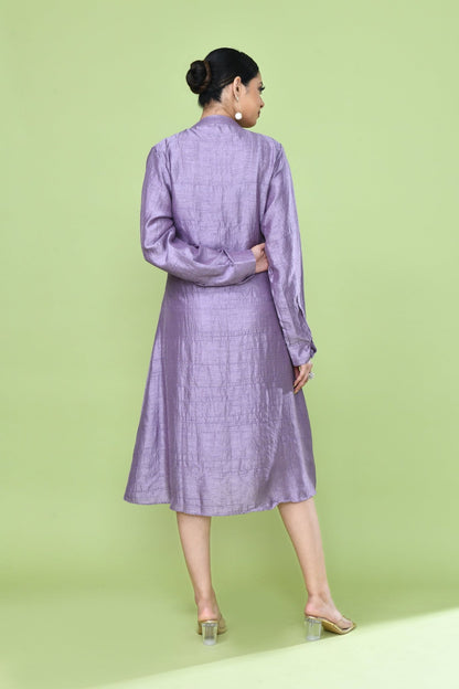 Designer Wear Lavender Silk Co-Ord Set Featuring Sleeveless Inner and Long Shirt Jacket - Simaaya