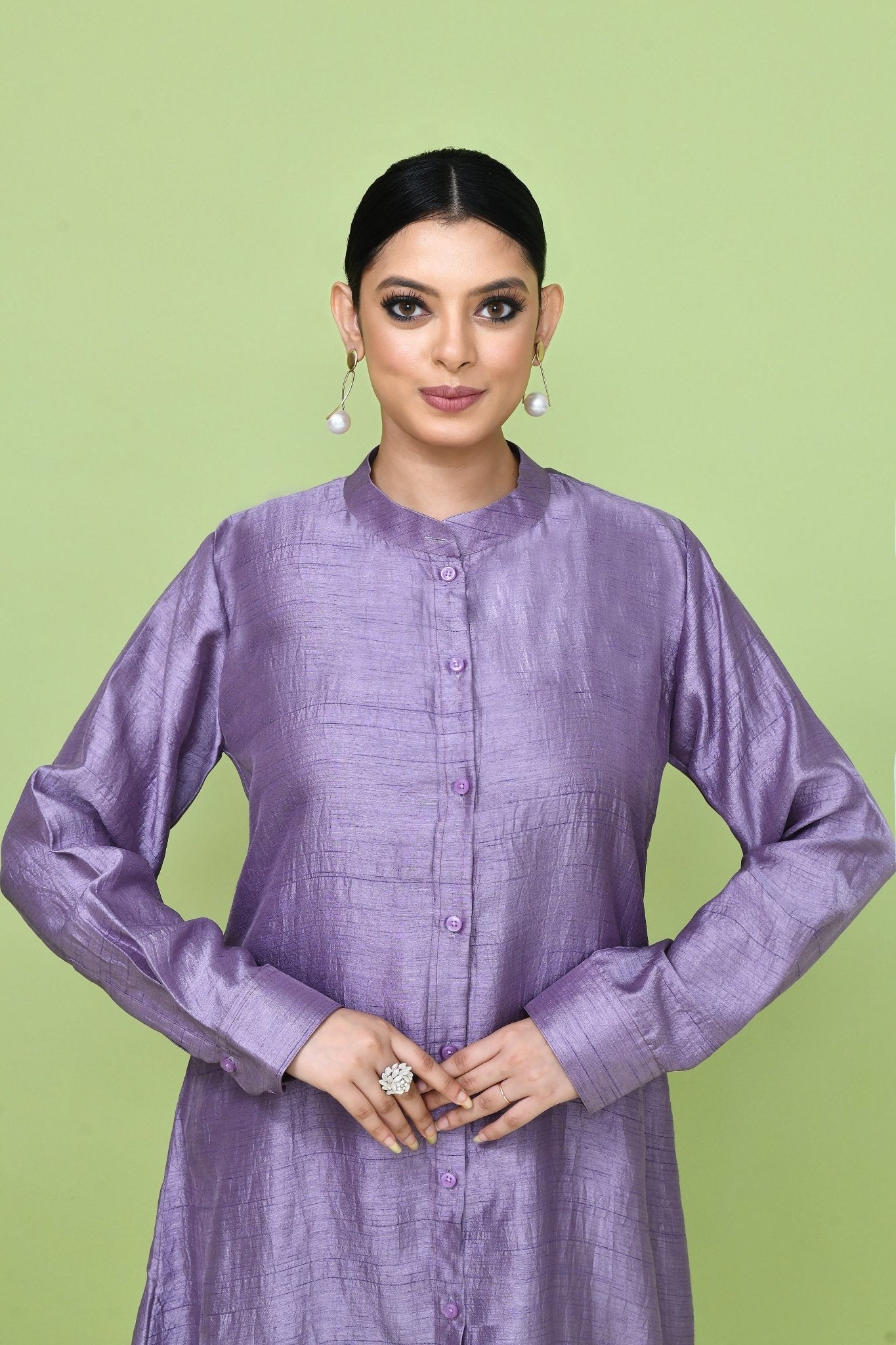 Designer Wear Lavender Silk Co-Ord Set Featuring Sleeveless Inner and Long Shirt Jacket - Simaaya